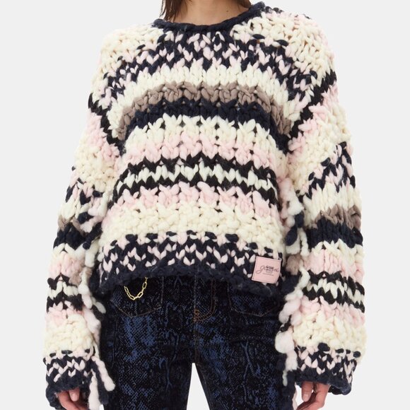Ganni Striped Chunky Wool Roving Handknit Crewneck Chunky Sweater NEW Small - Picture 2 of 12